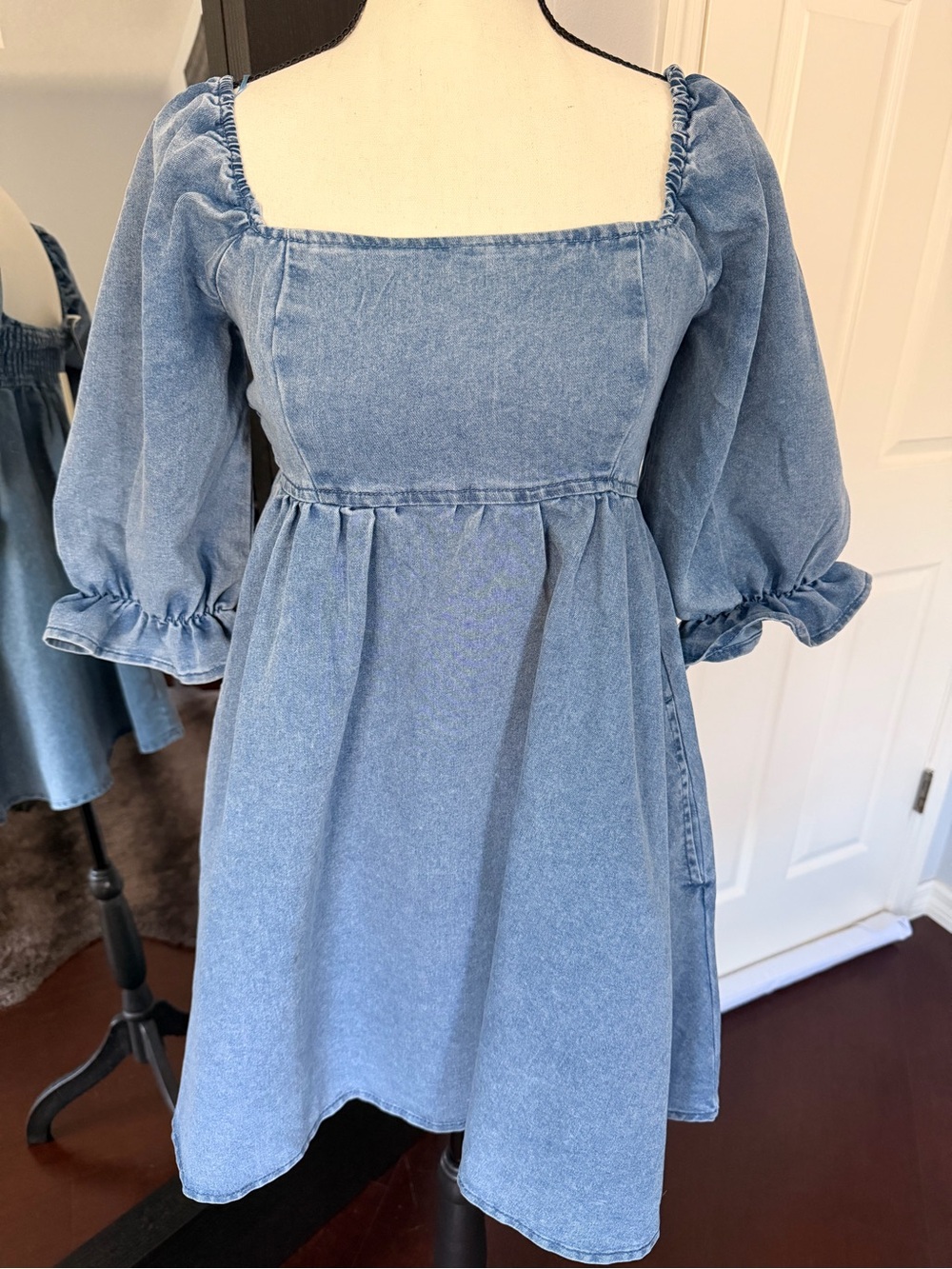 Light Wash Denim Puff Sleeve Mini Dress